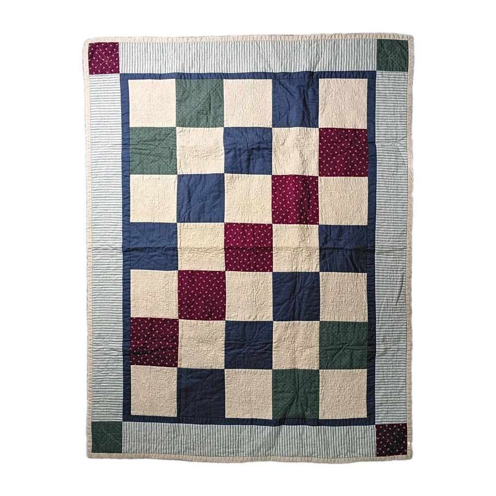 Handmade Patchwork Small Cotton Quilt Geometric 39 in x 50 in Earthtones Granny